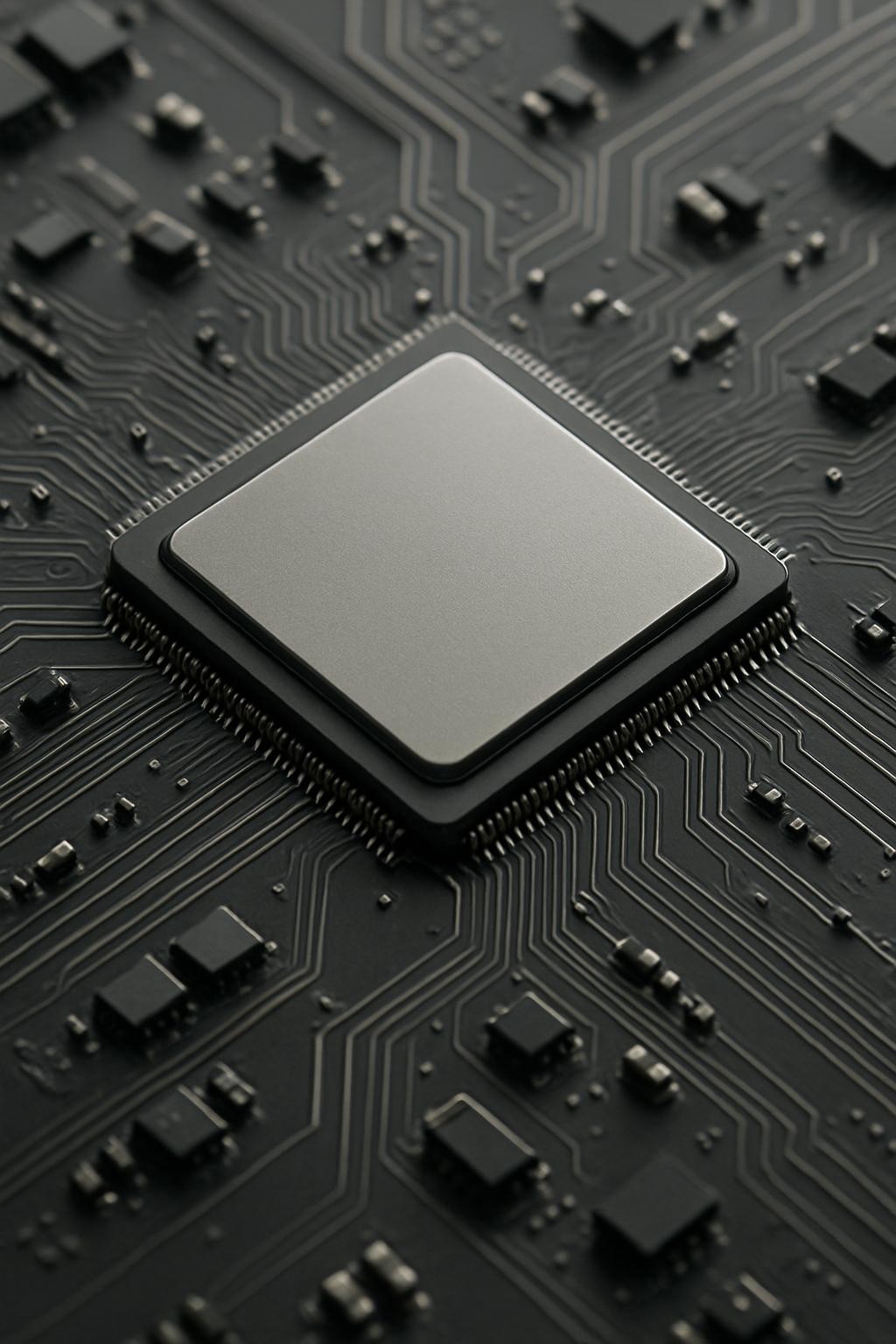 AI-generated photo of a computer chip, microchip, or integrated circuit in various creative styles and angles. Focus on close-ups, textures, and high-tech aesthetics.