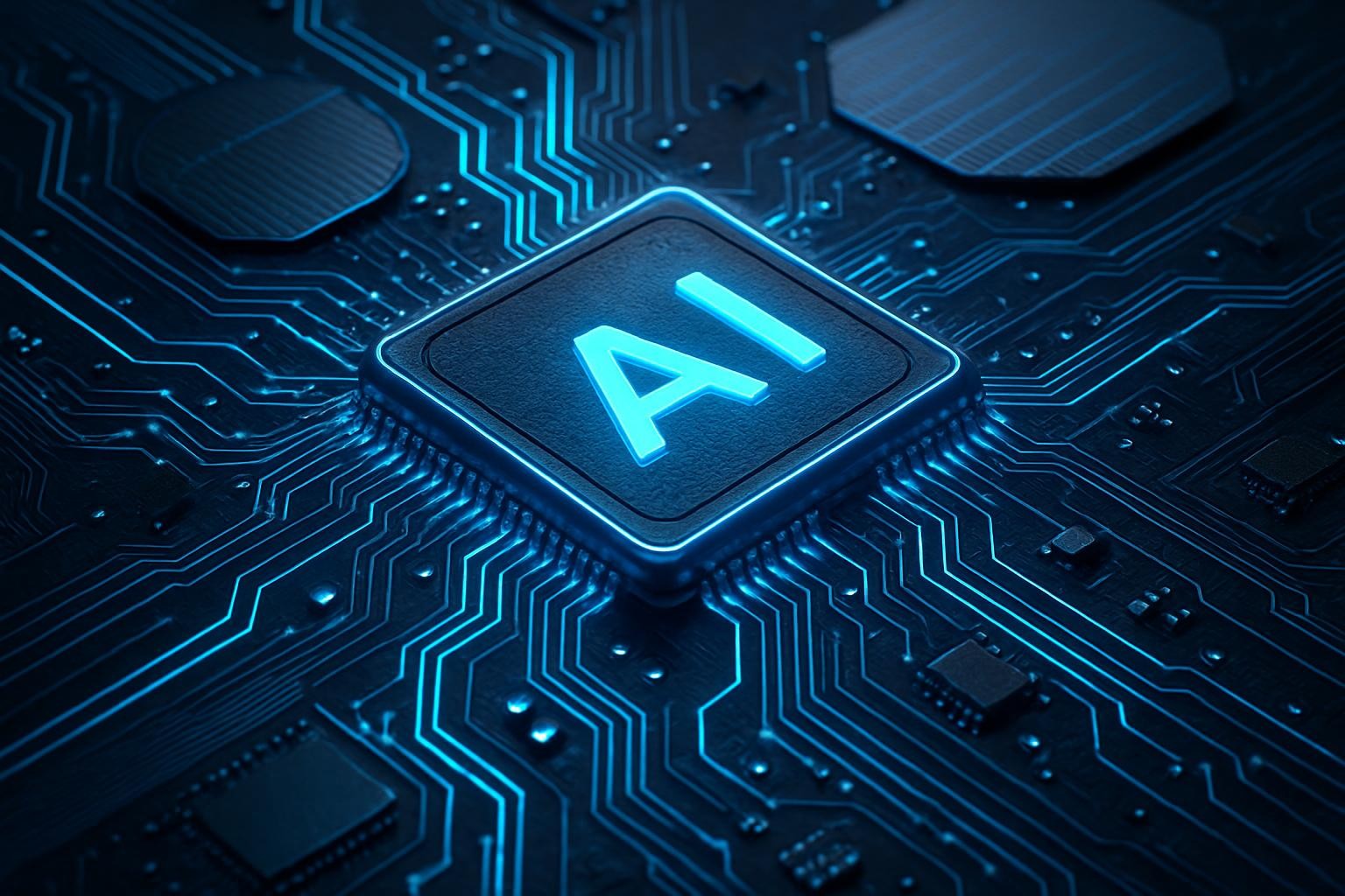 futuristic microchip and artificial intelligence, high-tech digital concept, abstract circuits and silicon wafers