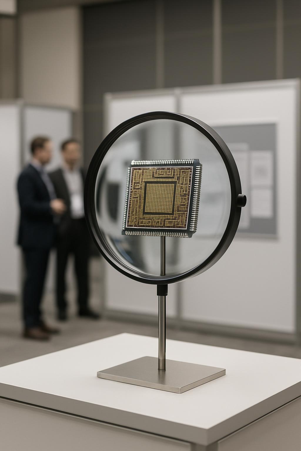 A square computer chip, illustrated to resemble a rectangular maze or grid, in a metal frame on a white table. People can ...
