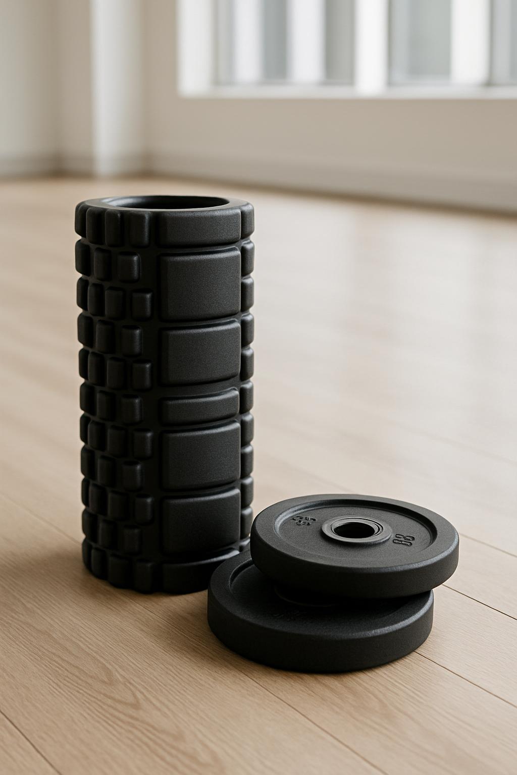 A gray foam roller is positioned vertically, featuring a cylindrical shape and ridged texture, one of a pair of weights or...