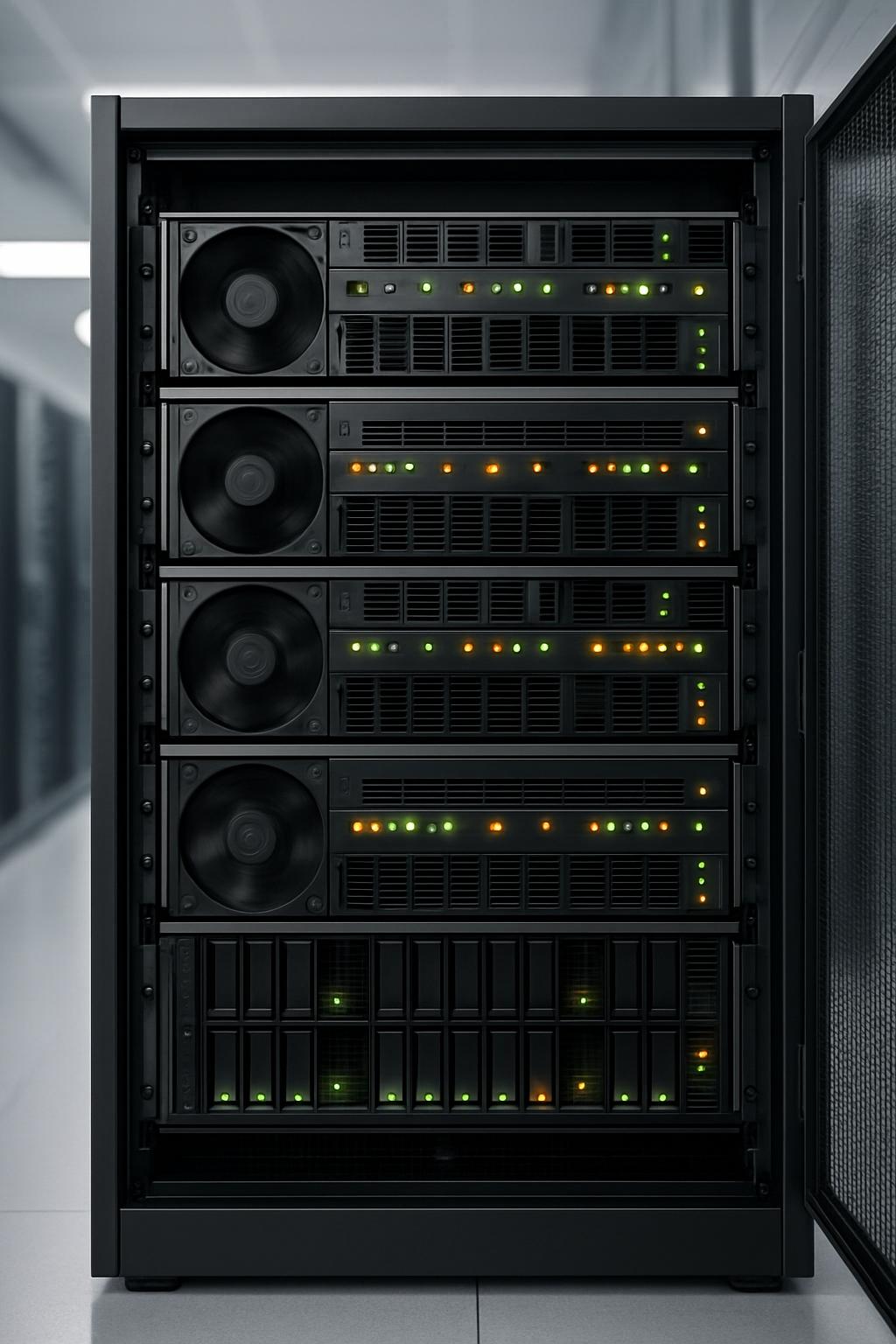[Caption: Close-up image of a server with cooling fans and lights.]