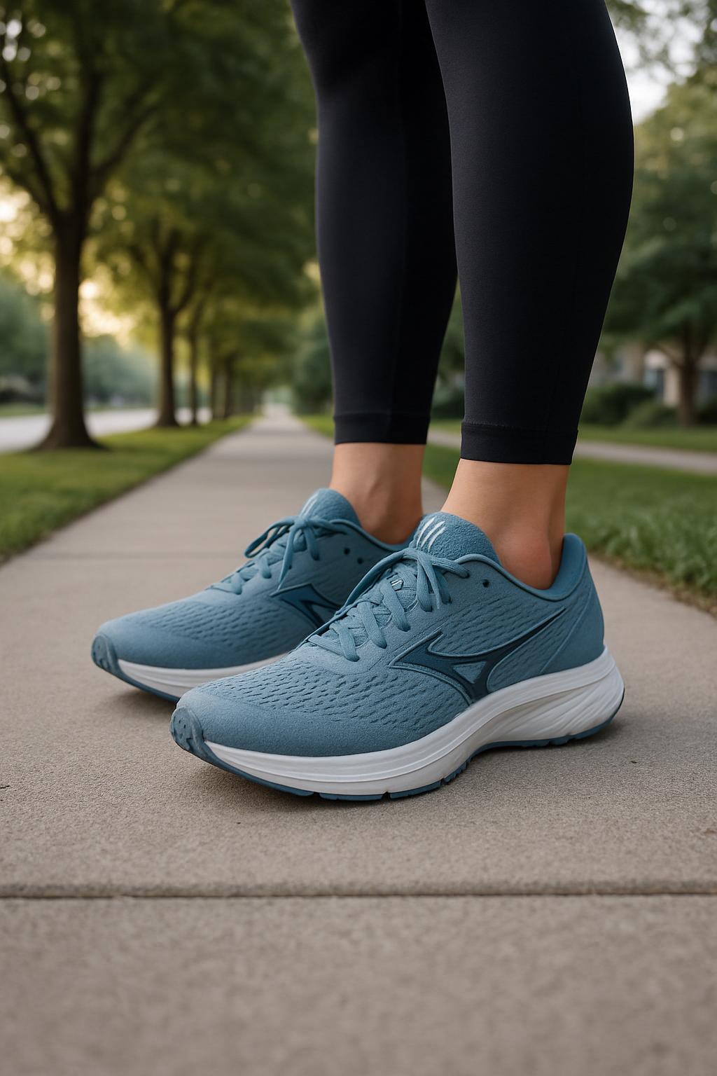A photograph of a person's legs in exercise clothing, standing on a sidewalk in a park. Their lower body is functionally p...