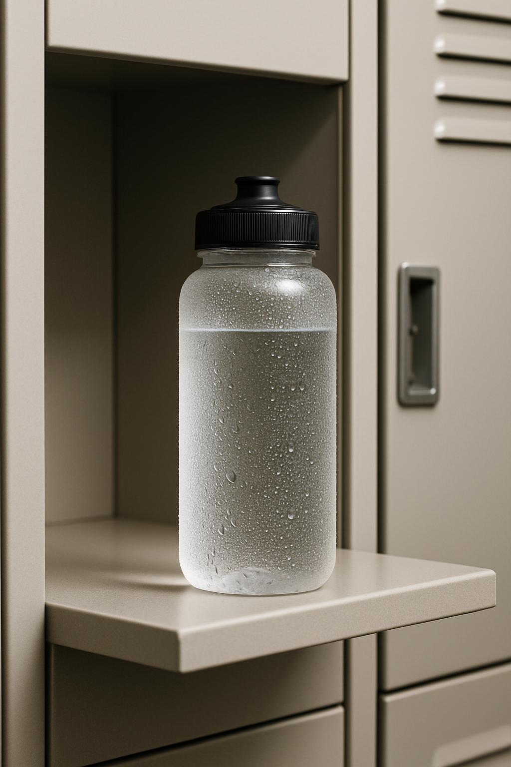 An image of the inside of a locker with a water bottle on a shelf.